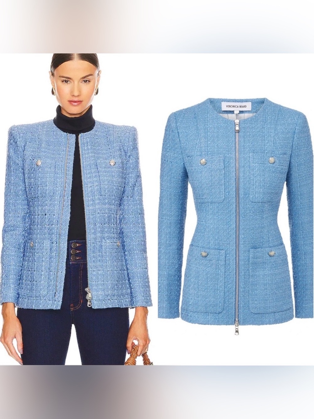 Veronica Beard Sky Blue Tweed Zip-Front Jacket